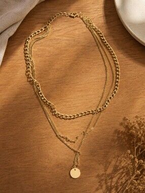 Layered Gold-Tone Necklace, Boho Disc Pendant, Multi-Strand